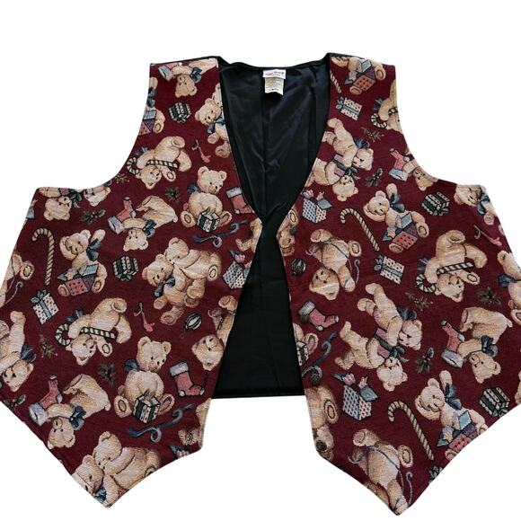 Bobbie Brooks Woman Christmas Teddy Bear Vest β Burgundy Tapestry Holiday Print - Picture 10 of 13